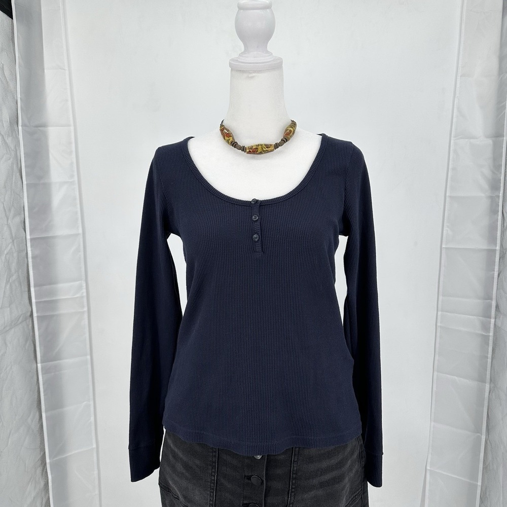Banana Republic Women's Navy Waffle Knit Henley Top Long Sleeve Sz S Cozy Soft